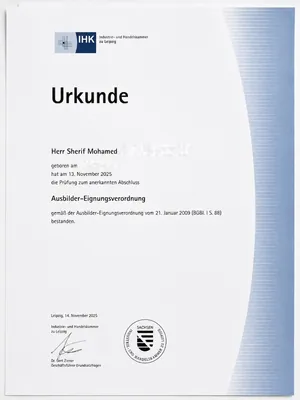 IHK-Urkunde über die bestandene AEVO-Prüfung, persönliche Daten geschwärzt