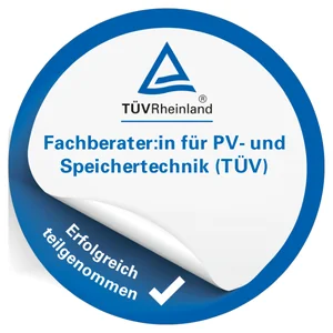 Abzeichen „Fachberater:in für PV- und Speichertechnik (TÜV)“ von TÜV Rheinland